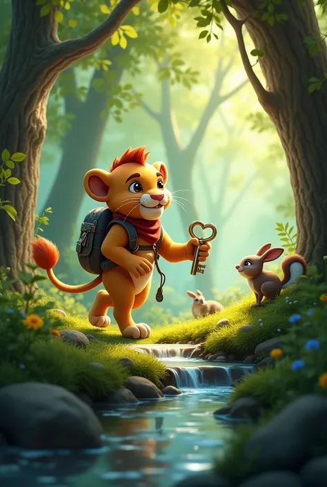 **Scene 3: Searching for the lock in the woods**  
   *"Leo and Mia are on an adventure through the forest, searching for a lock. Leo, the lion cub, is holding the shiny key in his paw, and Mia, the rabbit, is hopping along beside him. The forest around th...