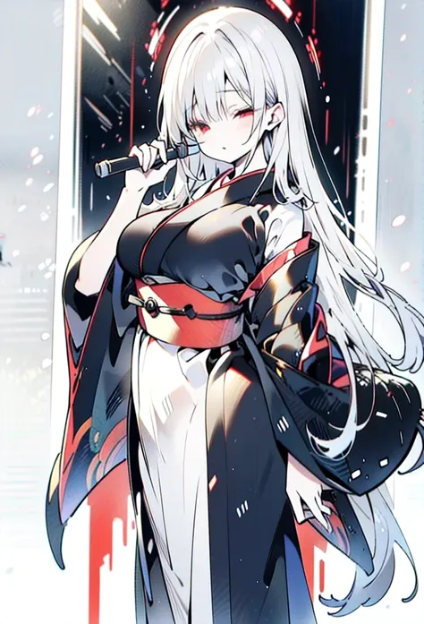 Black kimono hair long　smile,  
Red eyes,  very long hair,  close your mouth,  accessories with gray hair,  closed eyes, リボンヘア accessories with gray hair,  high definition , accurate,  best quality,  high definition model with a long spear,  textured skin,...