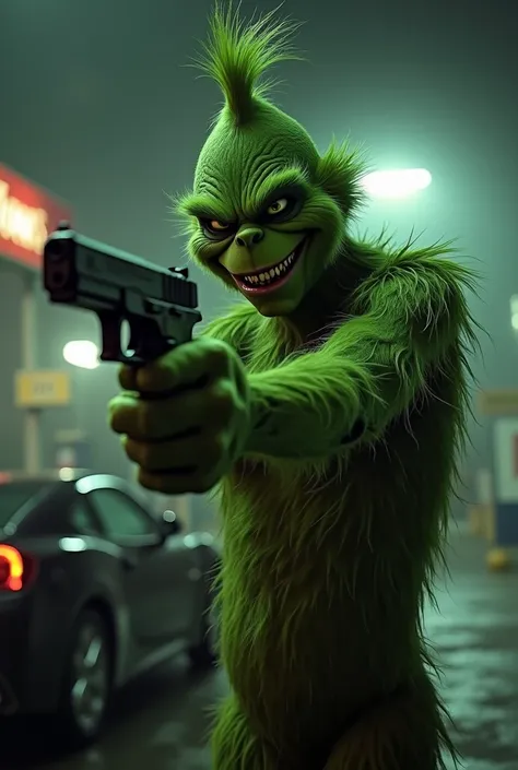 Grinch in front of car with Glock outside by fuel pumps