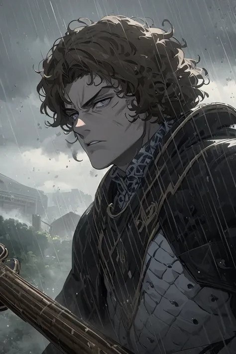 4k, high quality, sombreado de calidad, ropa detallada, hombre joven, pale skin, hazel eyes, brown curly hair, short hair, death stare, mirada seria, defined jawline, well-built physique, black coat, bronce magic staff, vapor, raining day, nature, medieval