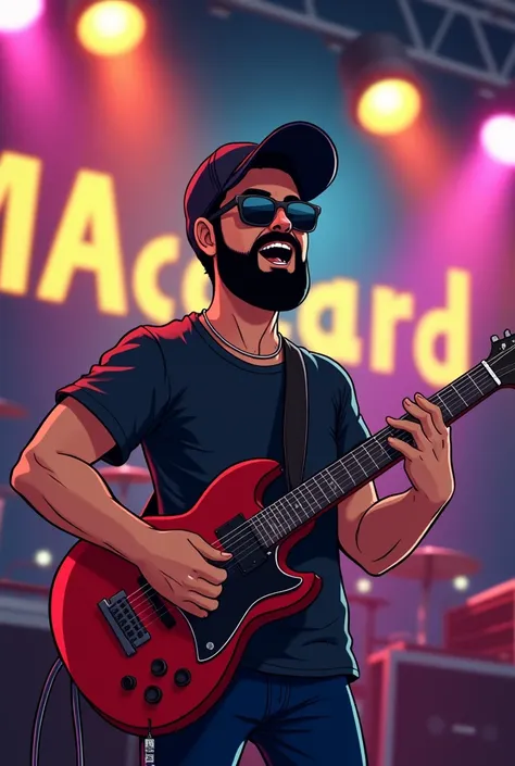 Realistic comic animation
Man in black cap and short black beard with dark glasses playing guitar and singing on stage written the word Ale MacCard