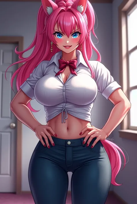 pink fur,  Pink hair, Blue eyes,  electric blue eyes , Blue eyes, Huge lips, Horsetail hairstyle, Horsetail, bimbo,  big ass ,  big butt, dwarf waist,  big breasts,  hourglass figure , (  narrow waist ), Trust, superiority, bad gal, muslos thicks, short ab...