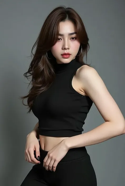 Photoshoot for Korean magazine Dazed, where the very beautiful Korean actress poses for the camera. The photos are futuristic, stylish and show off her toned figure. She has long hair, beautiful make-up, wearing a black tank top and tight jogging pants. Th...