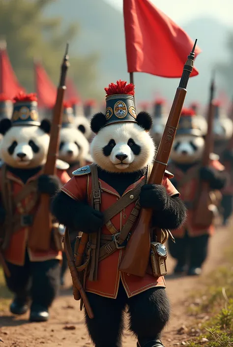  hasme battalion of panda soldiers ,  details all equipped with historical weapons that were They commemorate the courage of Peruvian soldiers.  Dressed in period uniforms ,  each panda wears military hats ,  carved wooden rifles ,  and backpacks adorned w...