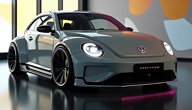 Generate a same to same inage of Volkswagen beetle back ground same yehi futuristic ho no plate only Beetle likha hona chai with logo shiny attractive image bna do