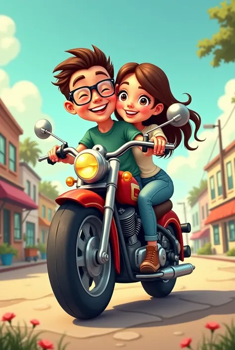 make a cute clipart of couple riding a big bike, and the man who is driving is with eye glasses.