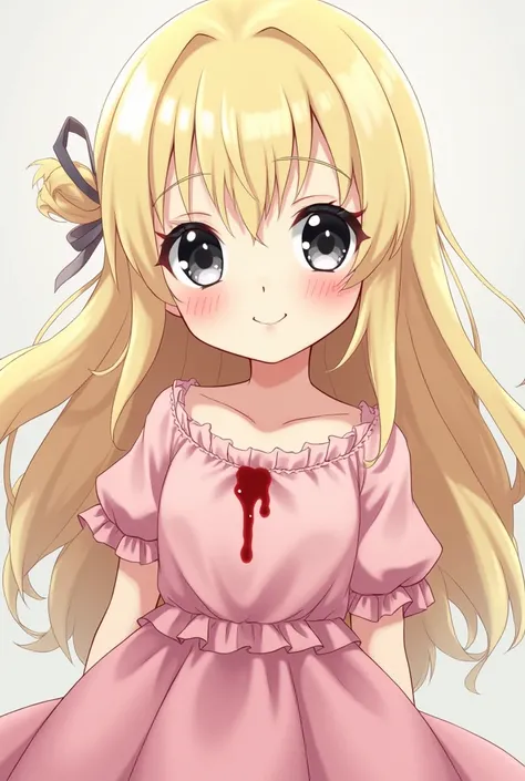  Create a half cute female anime character. Long light yellow hair with white hair highlights, black eyes, white eyelashes, smiling face, corner of mouth, broken corners, pink dress with a slight blood stain.