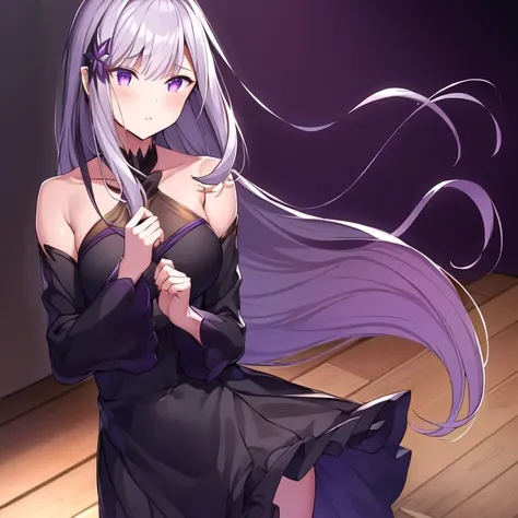 (masterpiece:1.2,  is of the best quality:1.2),  1 girl at home ,  unique , ✳-hairpin on the left  ,   Long straight hairstyle ,  Dark purple eyes，  black clothes ， is surrounded by black gas