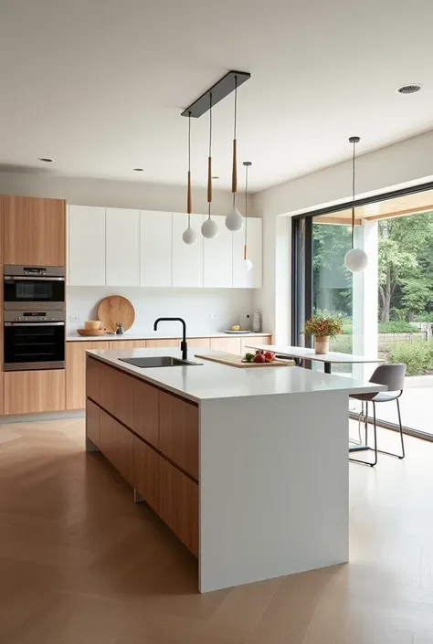 Create an American kitchen with an island countertop in white and freijó wood 