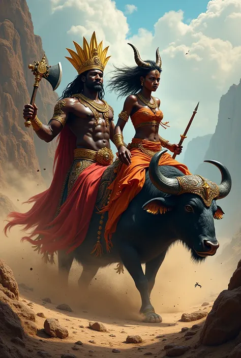 Orixá Black African Shangô with crown and axe in hand and Iansã Negra Africana in a buffalo in a windy quarry