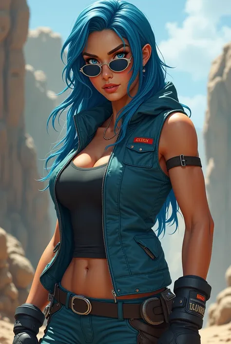 Laura is a 25-year-old woman,  He has an athletic build , with athletic arms . His long blue hair , She wears aviator lenses ,  loose tufts around her face . his eyes are blue.
 She has attractive muscular and wide legs,  with sexually attractive breasts a...