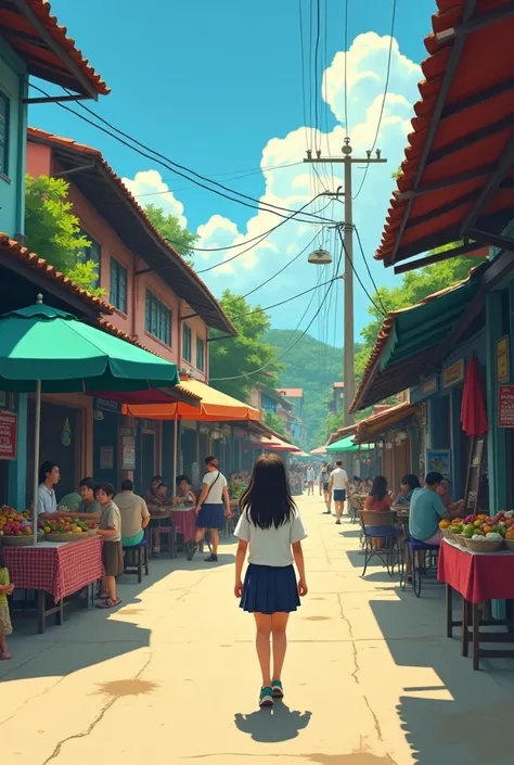 cinematic like a animated A girl wearing uniform walking on a on the side or gatter of the street of busy province in the Philippines 