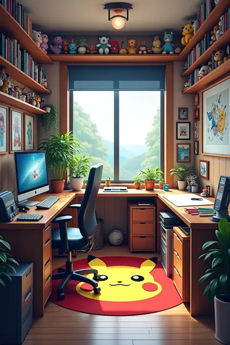  A room that on your left has a writing with your computer and video game console,  and on your right a work table with lots of drawing materials , in the center a large window ,  on the floor a Pokemon carpet ,  on the walls shelves with anime figures and...