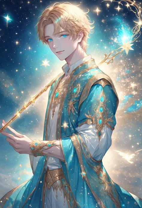  handsome male angel with white wings spread across his back 、Blonde、Short Hair、Beautiful reddish brown eyes 、MagicalでMysteriousな七色のワンドを持っている、 wand, which has a magical and mysterious seven-color wand、 turquoise blue and gold clothes 、Twinkling, shining st...