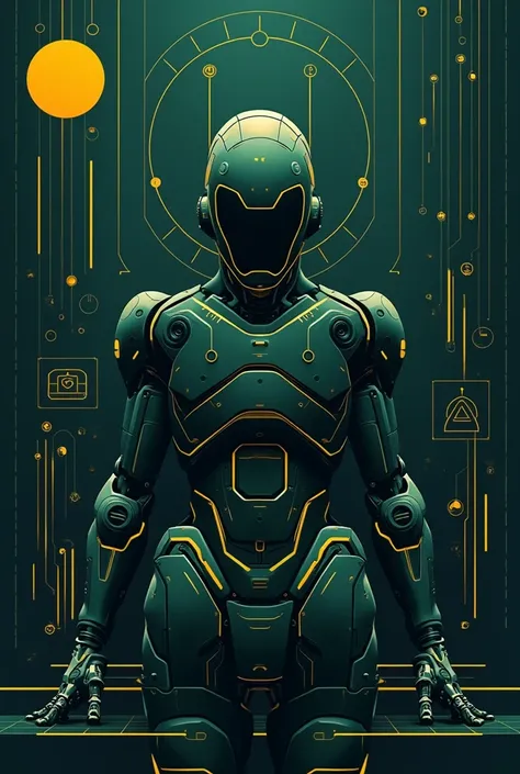 A poster for a robotics university event, subtle, no characters, with dark green, gold/yellow, black or white, no character, more track, , remove stars make it more robotics related.. keep it same but replace the blue with white/black