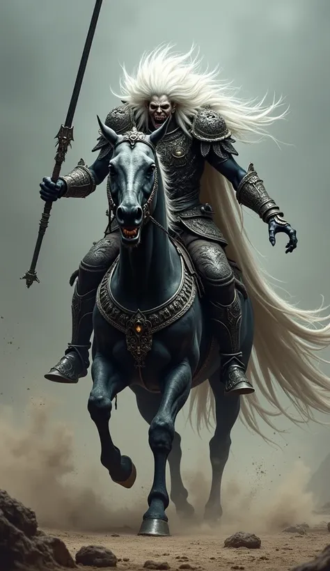 An raging undead warrior king with flowing white hair and ornate armor, evilish red aura eyes, demonic wide mouth evil smile, riding a evilish black skeletal silver cladded black warhorse charging forward with a menacing glaive. Dark, gritty fantasy art st...