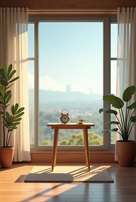 Room with glass window behind a table that has an alarm clock upstairs,  