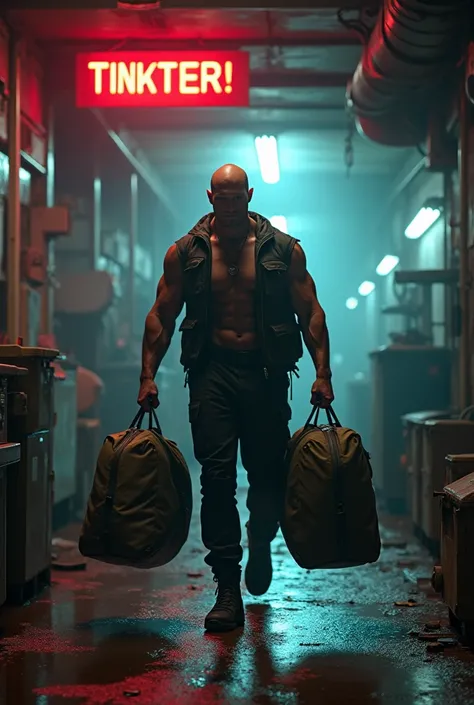 there is a man walking in a garage carrying two bags, muscular! cyberpunk, cyberpunk lut, cinematic luts, in a cyberpunk setting, cinematic gritty lighting, in cyberpunk style, cinematic outfit photo, cyberpunk photo, cinematic 4k octane render, hyper-real...