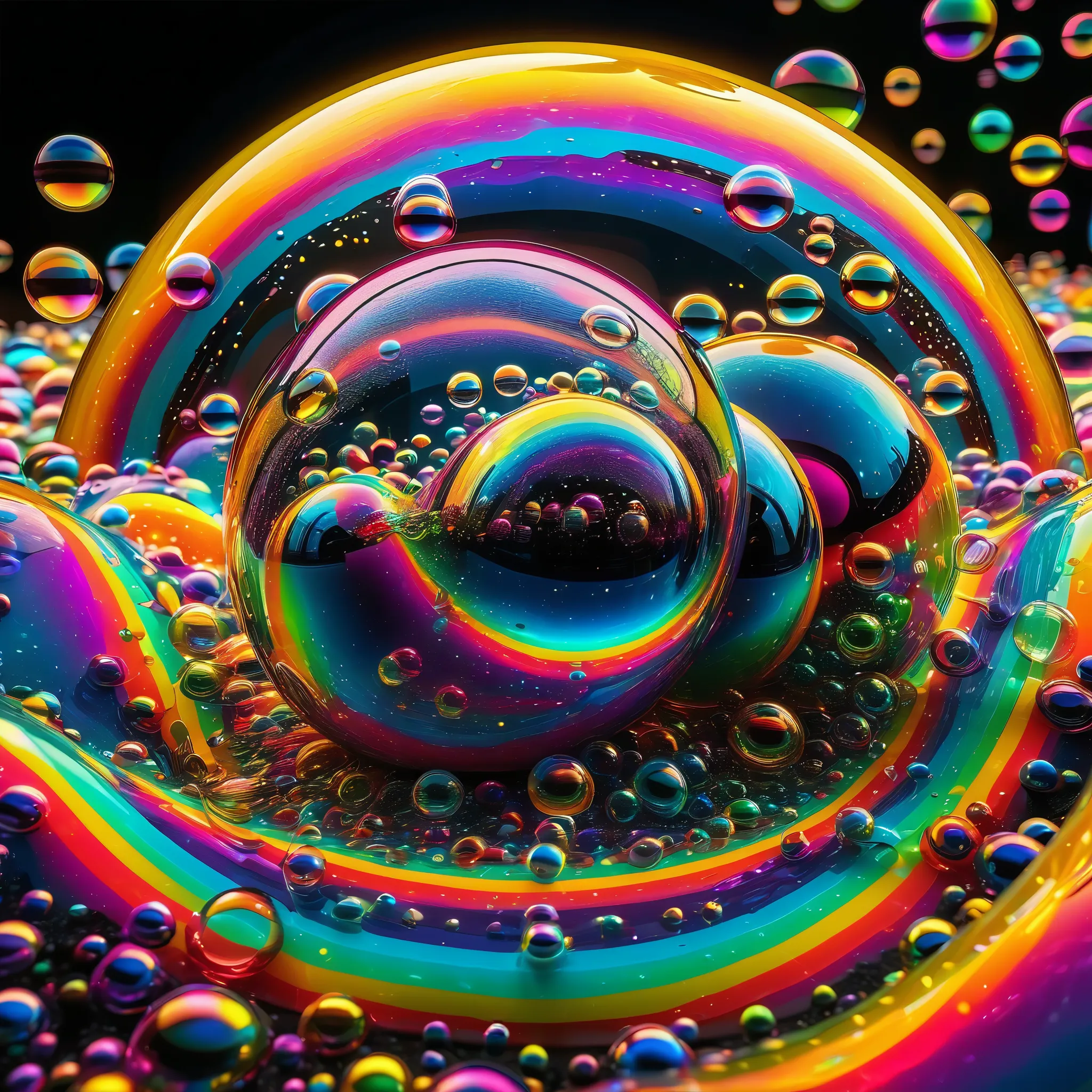 glass orbs overflow and spill out intricate rainbow patterns that fill glass bubbles that melt and dissolve with bobbles and col...