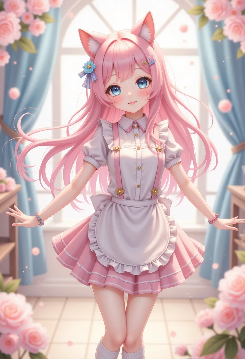  1 girl at home(:d, > <,Blue Eyeshadow, charming,Full, Long hair, Light Pink头发,curls, hair fluttering in the limbs,  pale ,Pink Cheeks,  pink lips , bangs, Cat ears, skirt(Short,Light Pink,  Lolita Fashion , Open cracks ),White apron,Chest,  Blurred foregr...