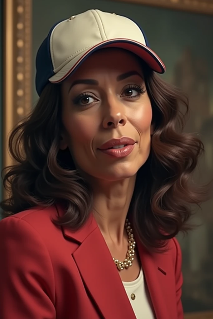 A realistic Kamala Harris, then give her a backwards baseball cap 