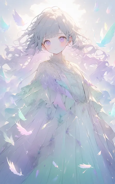 キラメク空の鳥かご
A pastel girl inside a glowing birdcage floating high in the clouds. Her hair is a gradient of lavender and mint, decorated with small feathers. She wears a delicate dress made of soft, feathery layers. Around her, glowing pastel birds fly, leavi...