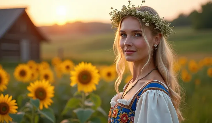 " A beautiful full-bodied Ukrainian woman ,  dressed in a traditional costume embroidered in vibrant colors , with floral and geometric motifs .  She is standing in a flowery field ,  with sunflowers in the background and a typical wooden cabin in the dist...