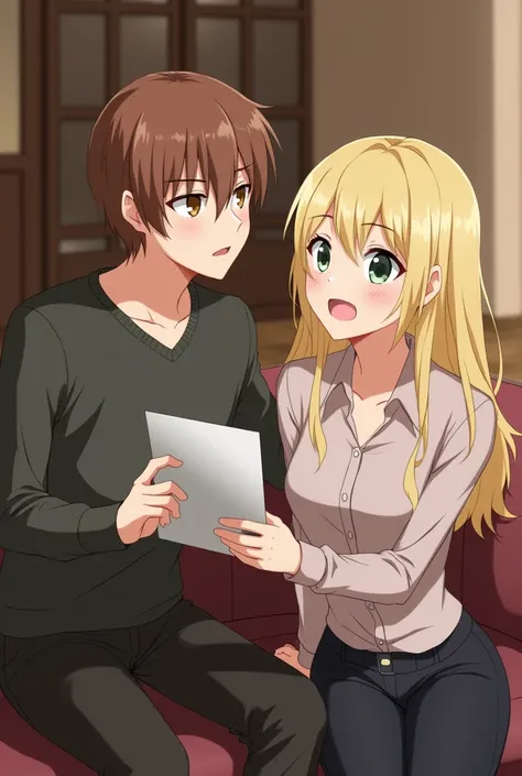 Brown-haired, brown-eyed man sitting next to a green-eyed blonde with a piece of paper in her hand 