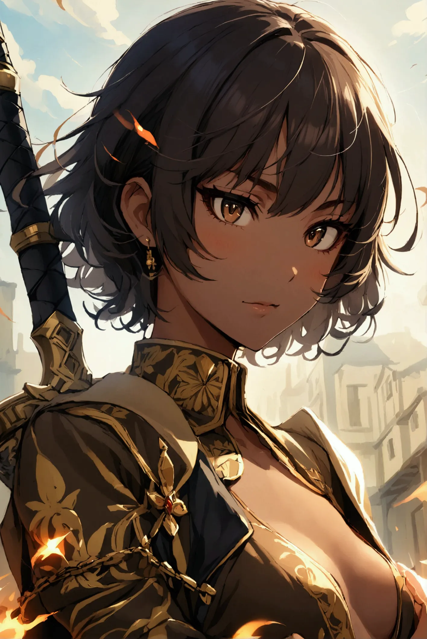 1 girl,   glossy brown skin, small breasts,master swordsman,ヴァルキリー