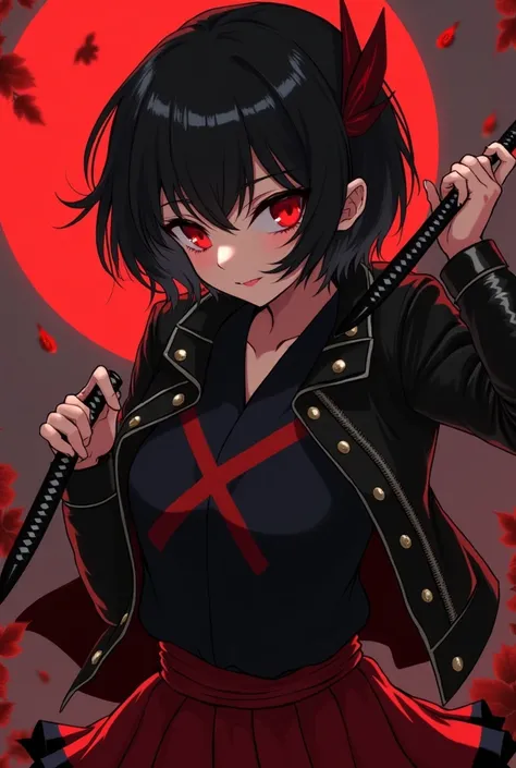 a woman with short black hair,  boots and a Japanese school-style skirt in the colors black and scarlet red.  She wears a leather jacket with a red X on the back . two cursed katanas on her hands , one in each hand,  and has an X-shaped scar on her eye . b...