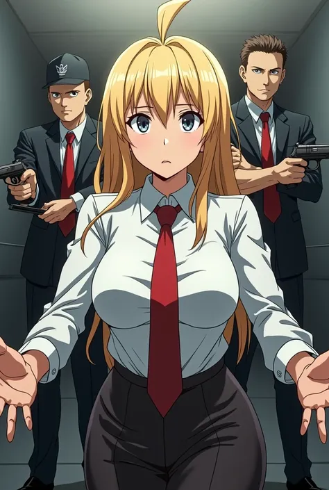 Imagine a sexy, blonde female legal technician in formal attire wearing a white shirt and red tie leading a firing squad against a tied low-ranking secretary who will be shot anime-style!!!!!