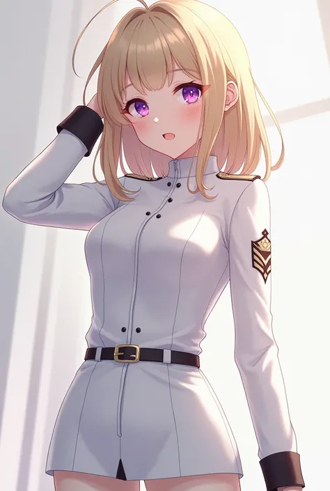 Light blonde hair, Medium-length Hair, white uniform, girl crush, tall girl, purple eyes