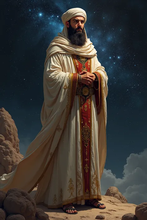 Create me a picture of Ibn Sina the father of modern medicine -  with a black cosmic background and standing on the side