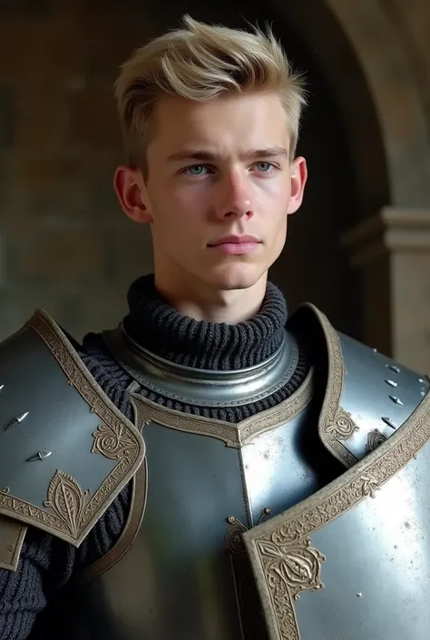 An extremely handsome eighteen-year-old gentleman with short blond hair and blue eyes with a silly face wearing gray armor from the medieval period, using sword and shield, sexualizing 