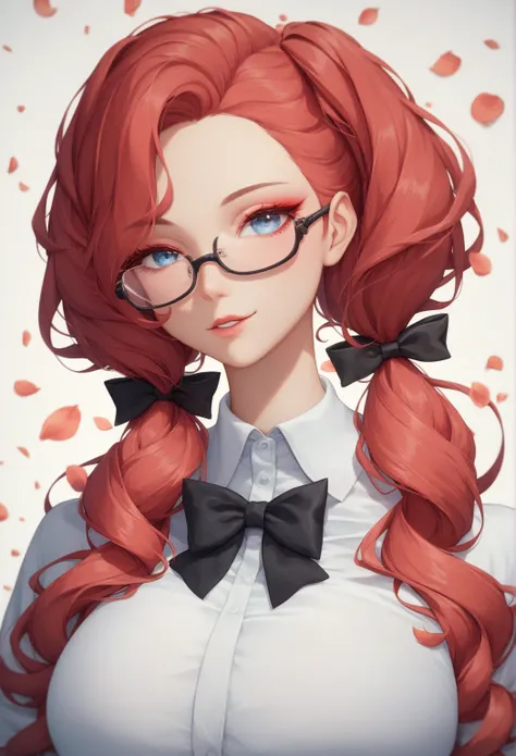 .Glasses、 Bright Red Hair 、 blue eyes、 twin tails、Hair between the eyebrows、  straight hair 、 Short Bang 、 white shirt、 white shirt、 black bow tie 、Big Breasts、  Super Fine Illustration ,((( beautiful thin hair ))),((( beautiful face))),((( beautiful fine ...