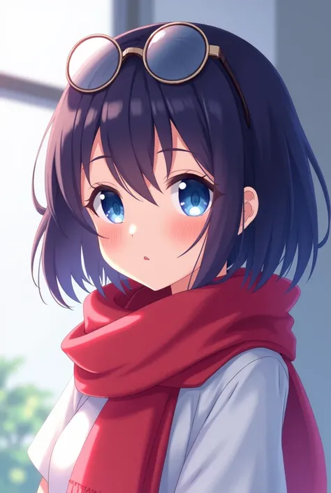 An anime girl blue eyes , dark purple hair, round glasses,  white shirt and red scarf with glasses on her head 