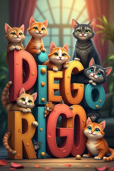 The word DIEGO with a lot of cats