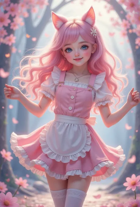 Extreme写实，Extreme， 1 girl at home(:d, > <,Blue Eyeshadow, charming,Full, Long hair, Light Pink头发,curls, hair fluttering in the limbs,  pale ,Pink Cheeks,  pink lips , bangs, Cat ears, skirt(Short,Light Pink,  Lolita Fashion , Open cracks ),White apron,Ches...