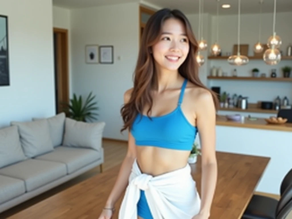 The picture shows a beautiful South Korean woman standing in a modern living room. She is wearing a blue sports bra and a white sarong tied around her waist. She has long brown hair and looks to the side with a slight smile. The room has a wooden table in ...