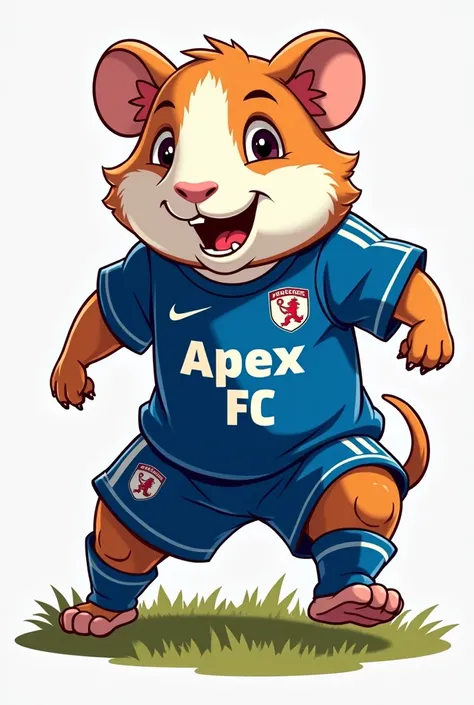  a banner with the animated cuy ,tall full body , with a pose and a blue soccer jersey ,  on the banner with the name APEX FC and that says down 2nd BGU C