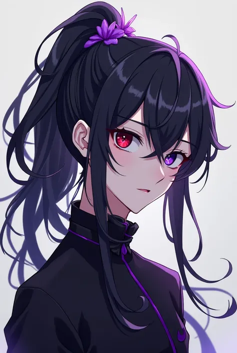 Make an anime-style male Teenager with long black hair tied in a voluminous ponytail with a small cineraria-style purple flower tied in the hair, one eye red and the other light purple and black clothes with dark purple details.