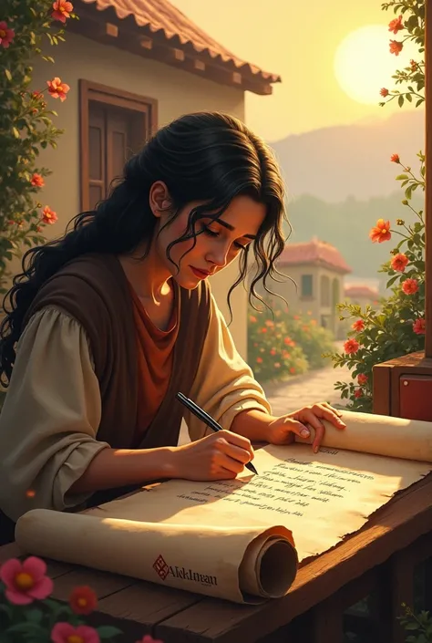 "A tranquil landscape in a town in Bethany ,  with a distressed woman writing a message on a scroll.  in the background ,  you see a humble house with flowers and a warm environment ,  as the sun gently illuminates the scene ."