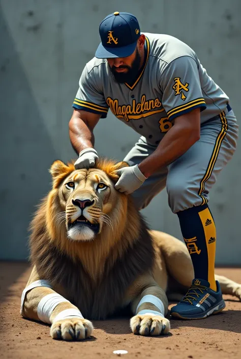 Create a hyper realistic image of an athletic baseball player wearing a gray uniform with yellow and electric blue borders on the shirt that says Magallanes shaving a poor lion defeated with band-aids due to an injury 