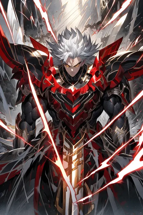 DIOS, man, high, strong, beautiful, Silver haired ,  in black and red armor,  golden eyes ,  curved blade spear , Lightning power .