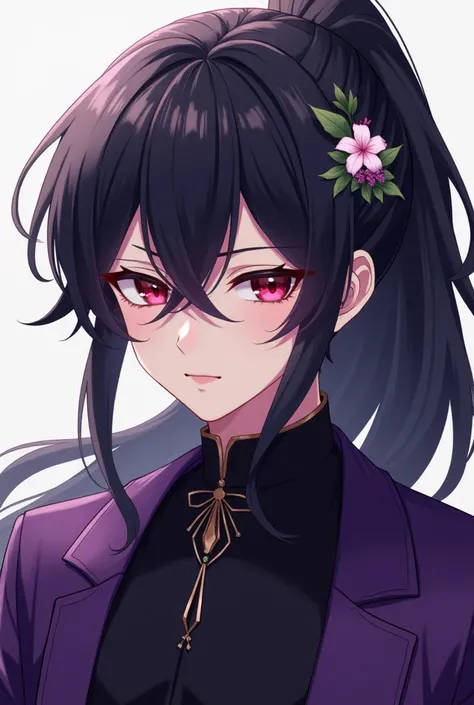 Make an anime-style male Teenager with long black hair tied in a voluminous ponytail with a small cineraria flower attached to the hair, crimson eyes and black clothes with dark purple details.