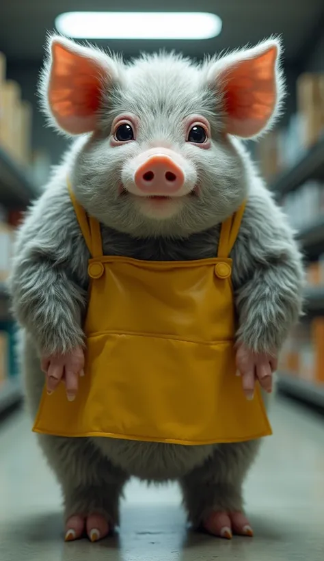 live-action,  Super reality, Big fluffy piglet  , biped:1.5, Bad look in the eyes:1.2,  gray coat from face to stomach :1.3,  Huge furry piglet with a yellow apron , living:1.3, Animal Jhonick, cleaning, masterpiece, Ultra HD,  tall details,  best quality ...