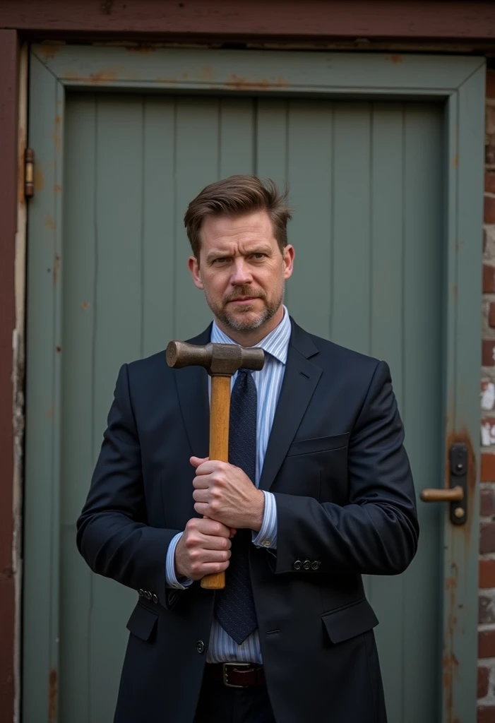 A photo of Jim standing in front of a freshly repaired barn door, holding a hammer and wearing a determined expression.,Gotham,Jim has very short brown hair, styled neatly. Wears a suit and tie, is a detective, famously portrayed by Ben McKenzie, male