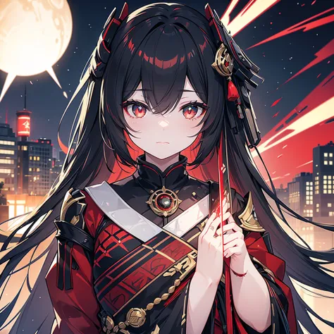  1 Japanese girl , warframe,  Intricate Pattern , heavy metal,  Energy Line , Faceless, Sparkling Eyes,  elegant , intense,  blood-red black uniform, Alone, 【Contemporary, city, That&#39;s right., Dark Clouds,  Thunderstorm , Heavy Rain,,  dramatic lightin...