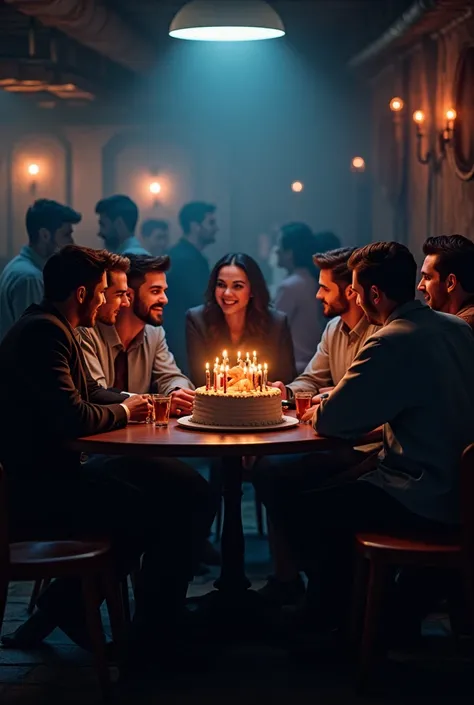 Dark Bar, on a table placing a cake ,Three men and three women sitting side by side , A woman holding a cell phone and five other people together