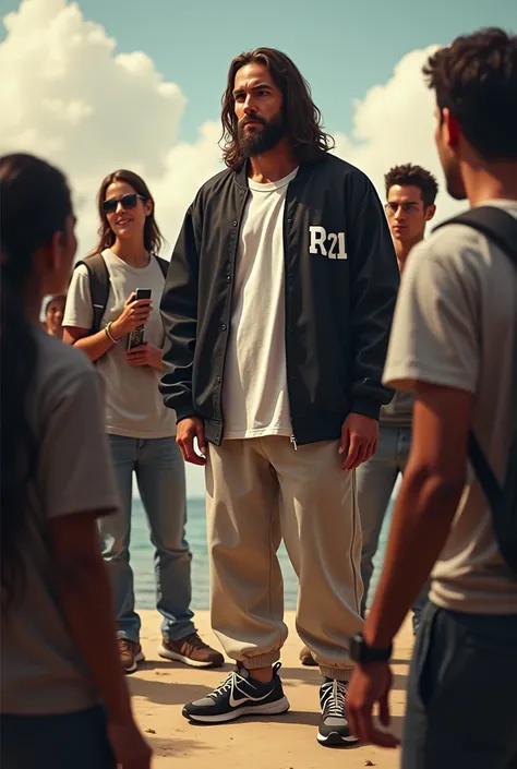 image of a current Jesus Christ showing the path of salvation to young people to reality and wearing sports pants and shoes and a black and white jacket that says R21
